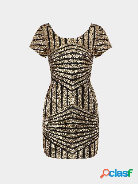 Gold Geometric Sequin Short Sleeve Open Back Dress