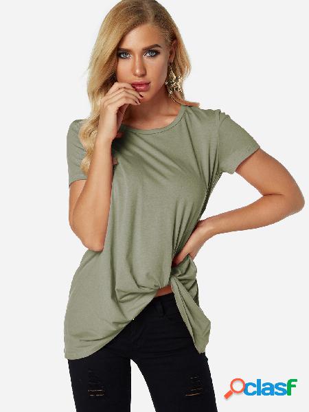 Green Pleated Design Round Neck Short Sleeves T-shirts