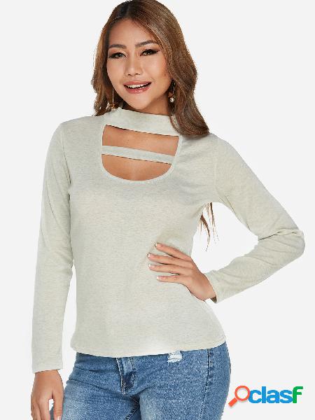 Grey Cut Out Plain Perkins Collar Long Sleeves T-shirts