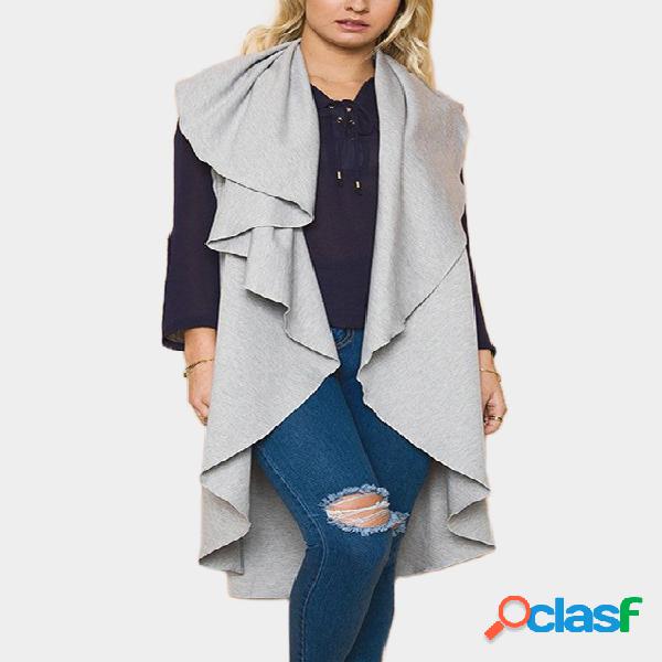 Grey Plain Lapel Collar Sleeveless Trench Coat