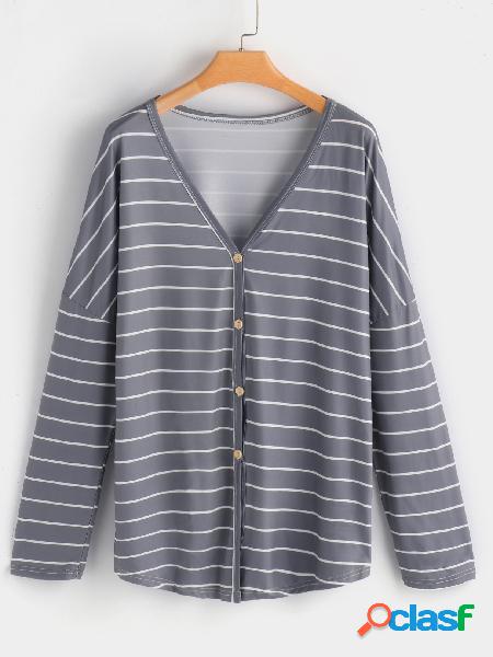 Grey Stripe V-neck Long Sleeves Button Design Shirt