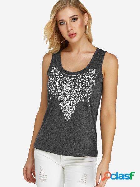 Grey Totem Print Round Neck Tank Top