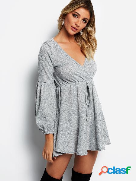 Grey V-neck Lantern Sleeves Tie-up Design Dress