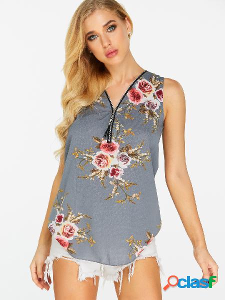 Grey Zip Design Floral Print V-neck Vest