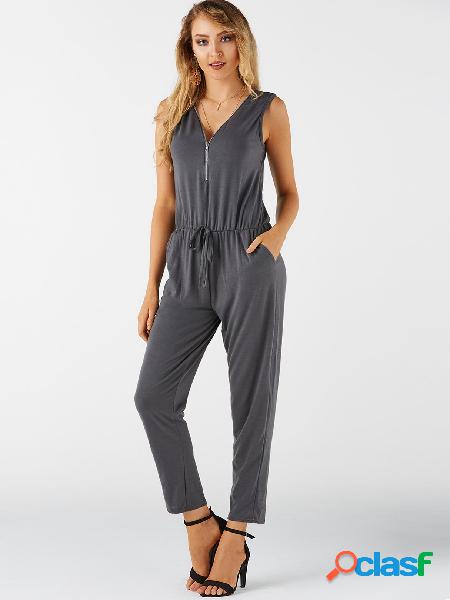 Grey Zip Design V-neck Sleeveless Casual Jumpsuit