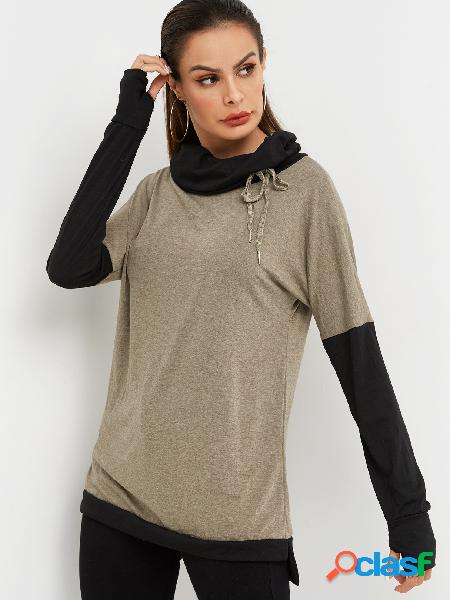 Khaki Plain Long Sleeves T-shirts With Chimney Collar