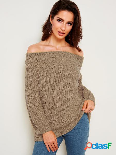 Khaki Plain Off The Shoulder Knitting Jumpers