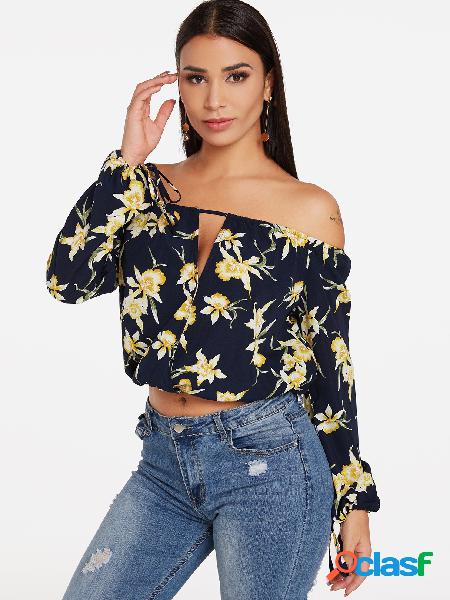 Navy Backless Design Random Floral Print Off The Shoulder