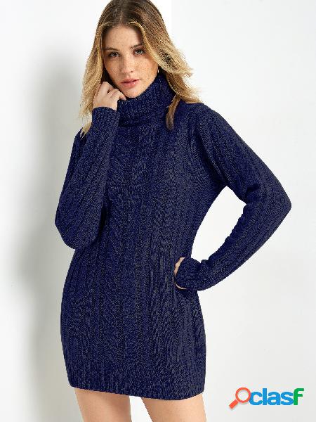 Navy Cable Knit High Neck Long Sleeves Sweater Dress