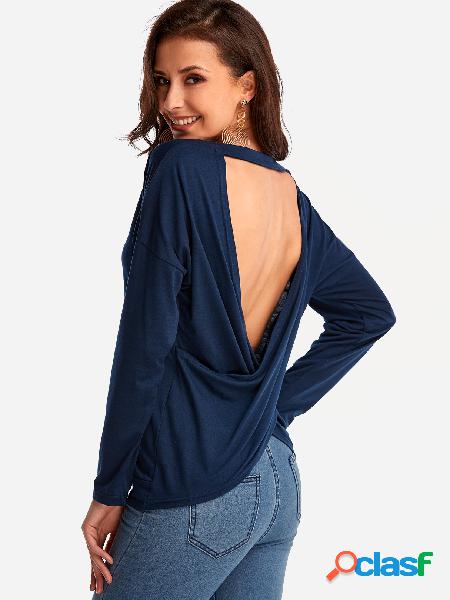 Navy Cross Back Backless Design Plain V-neck Long Sleeves