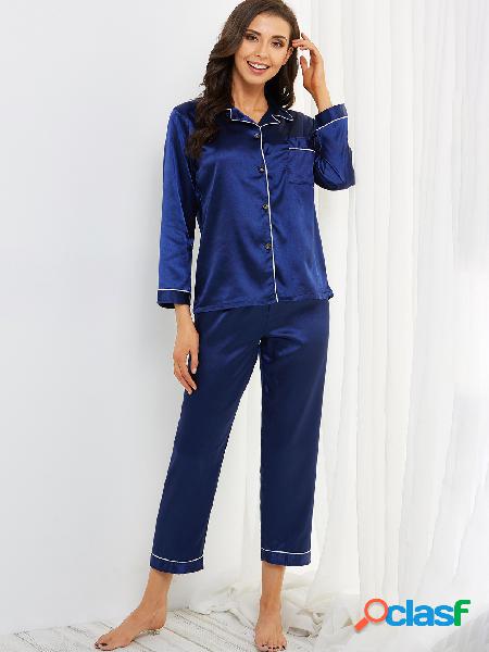 Navy Satin Contrast Piping Pocket Front Long Sleeves Pajamas