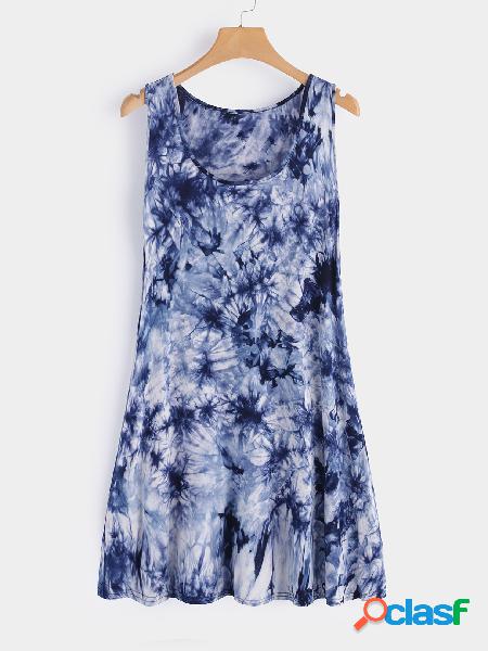 Navy Side Pockets Tie Dyed Round Neck Sleeveless Mini Dress