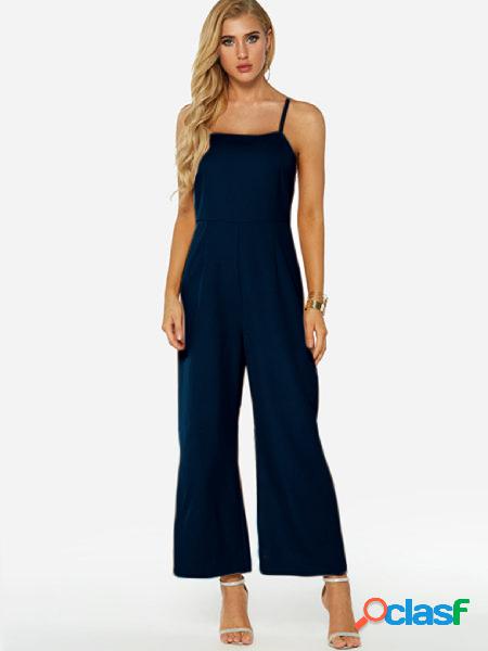 Navy Zip Back Square Neck Sleeveless Wide Leg Jumpsuit