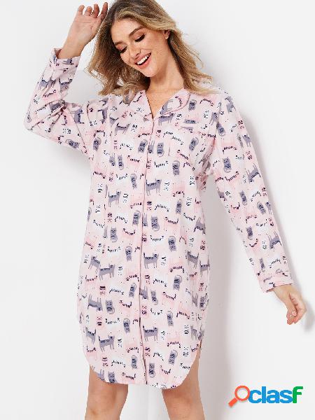 Notch Collar Long Sleeves Curved Hem Cute Printed Night