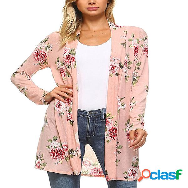 Pink Random Floral Print Long Sleeves Cardigan