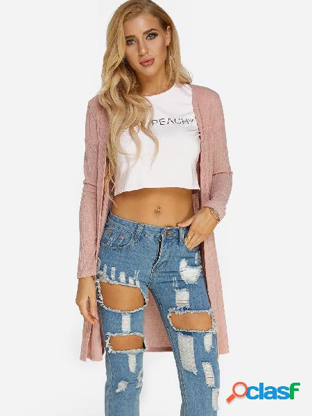 Pink Slit Design Long Sleeves Cardigan