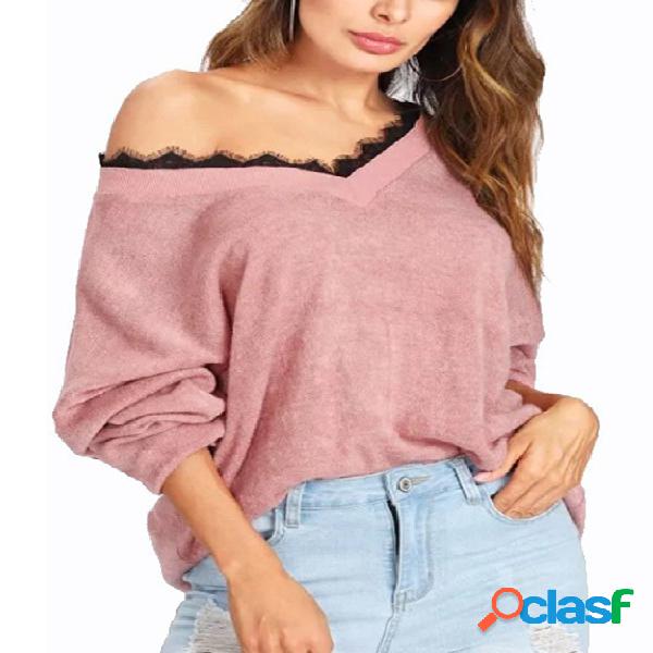 Pink V-neck Eyelash Trim Long Sleeves Sweater