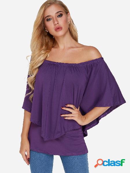 Purple Off-the-shoulder Overlay Half Sleeves T-shirt