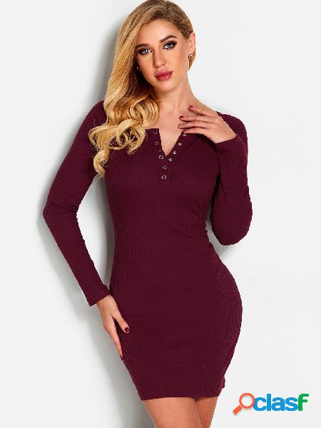 Red Button Design V-neck Knitting Bodycon Dresses