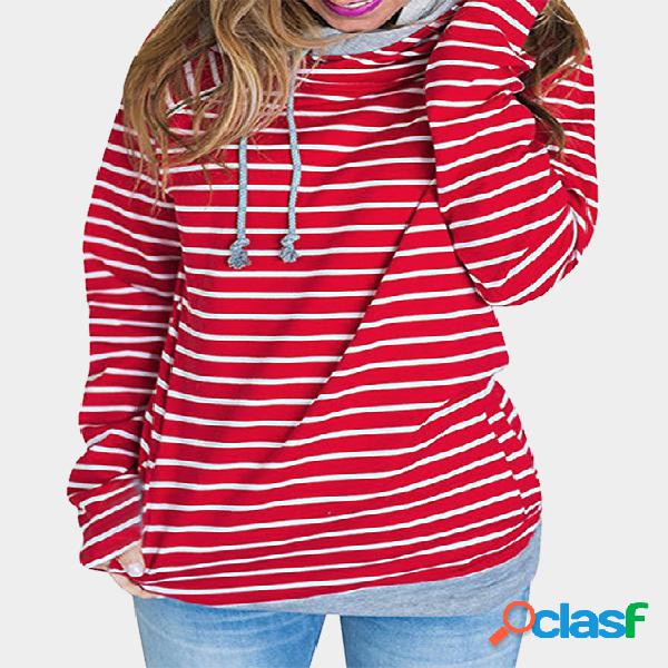 Red Hooded Design Stripe Long Sleeves Sweatshirts