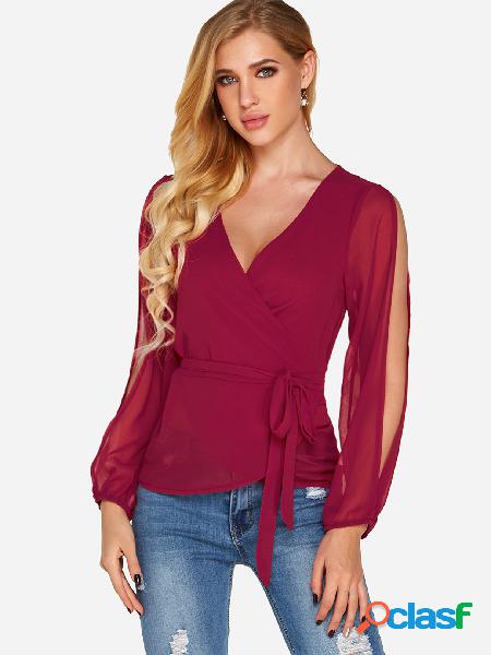 Red Plain Deep V Neck Wrap Design Chiffon Blouse with Belt