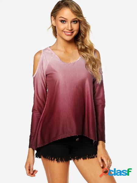 Red Printed Cold Shoulder Long Sleeves Irregular Hem Blouses