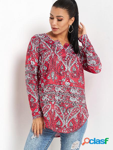 Red Tribal Print V-neck Long Sleeves Shirt