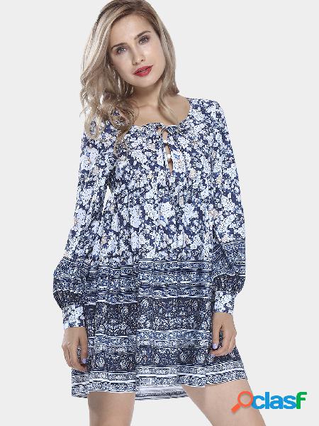 Retro Print Boho Dress With Self-Tie Neck