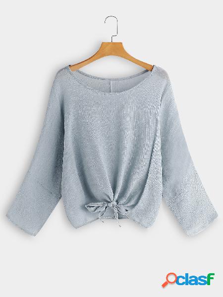 Sky Blue Round Neck Long Sleeves Knot Front Tee