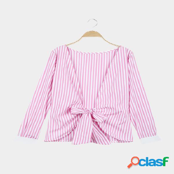 Stripe Pattern Open Back Long Sleeves Top