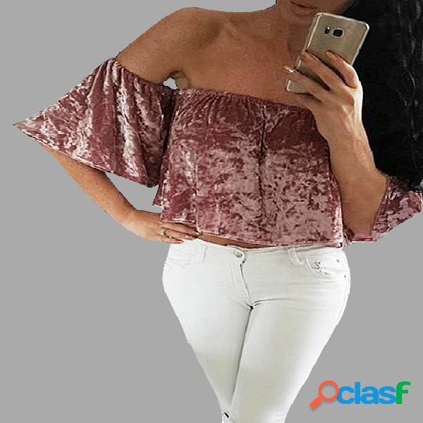 Velvet Short Sleeves Off-The-Shoulder Crop Top in Pink