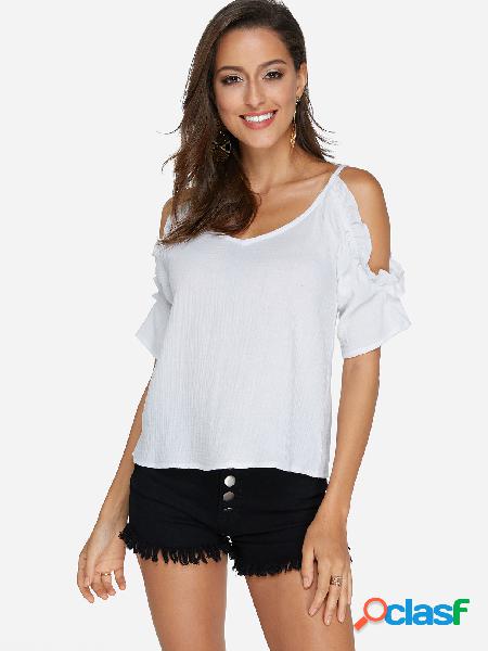 White Backless Design Cold Shoulder V-neck Blouse