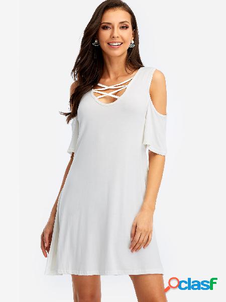 White Cold Shoulder V-neck Mini Dress