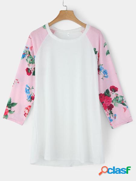 White Cozy Round Neck Raglan Sleeves Pink Floral Print Top