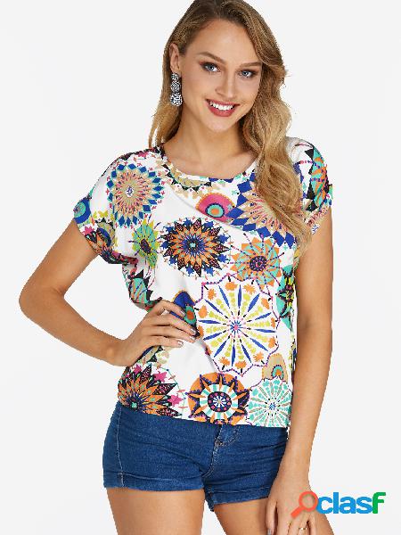 White Floral Print Round Neck Short Sleeves T-shirt