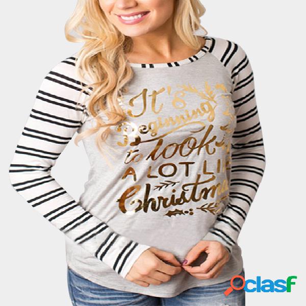 White & Grey Christmas Letter Print Round Neck Stripe Long