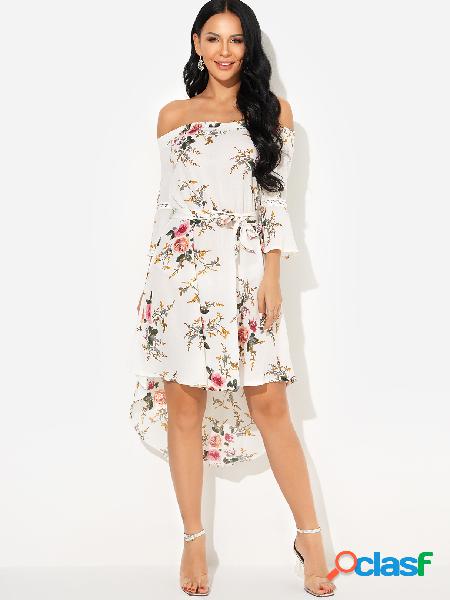 White Hollow Random Floral Print Off Shoulder 3/4 Length