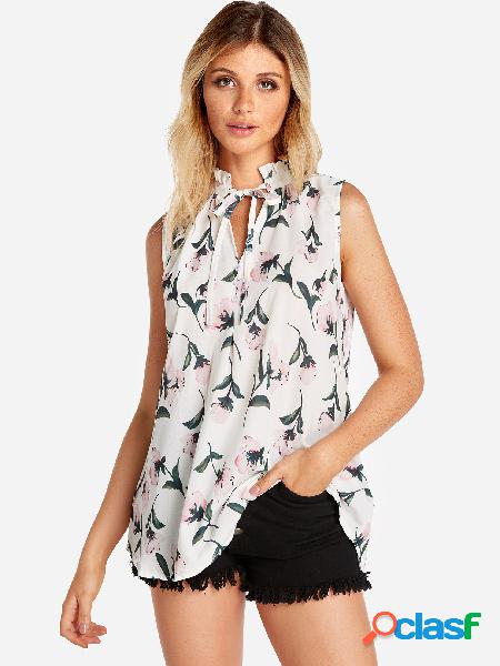 White Self-tie Design Random Floral Print V-neck Top