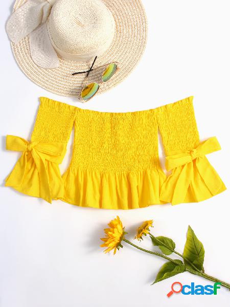 Yellow Pleated Design Off The Shoulder Bell Sleeves Crop Top