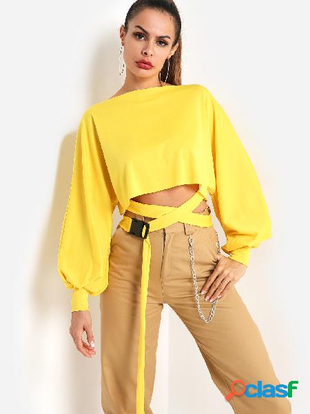 Yellow Self-tie Design Plain Crew Neck Long Lantern Sleeves