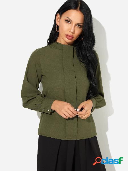 Army Green Mock Neck Puff Sleeves Button-cuff Chiffon Shirt