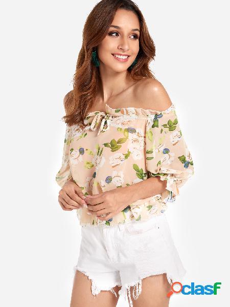 Beige Random Floral Print Off Shoulder Half Sleeves Blouse