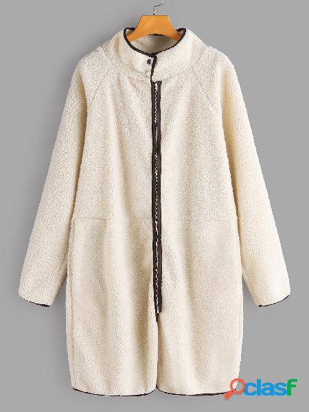 Beige Stand Collar Long Sleeves Zip Design Coat