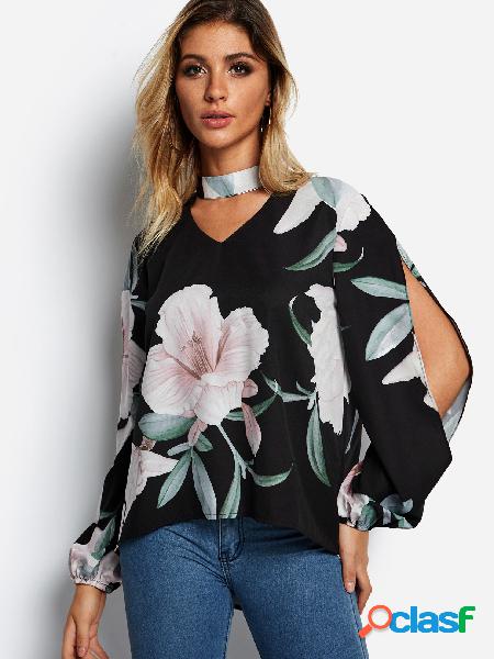 Black Cut Out Front Design Floral Print Slit Details Long