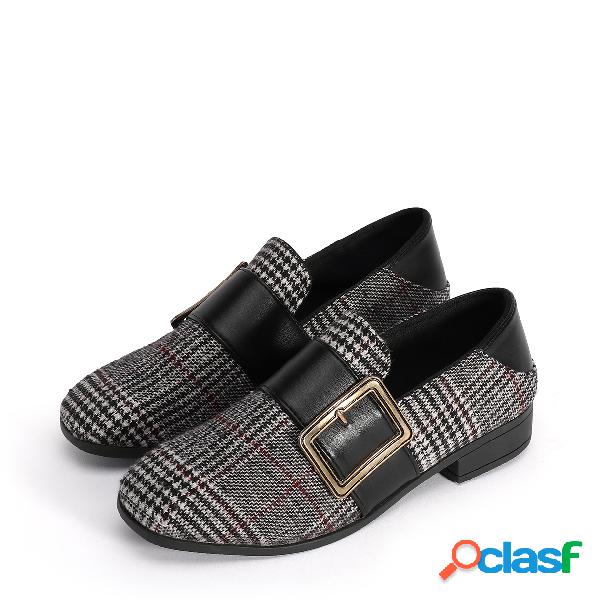 Black Plaid Pattern Buckle Square Toe Flats