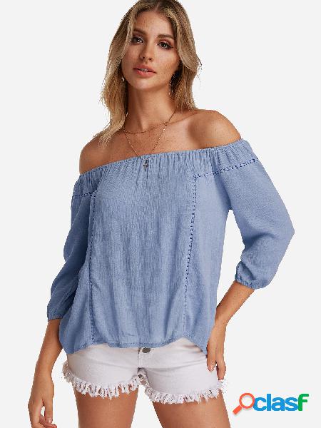 Blue Hollow Design Off The Shoulder Long Sleeves Blouse