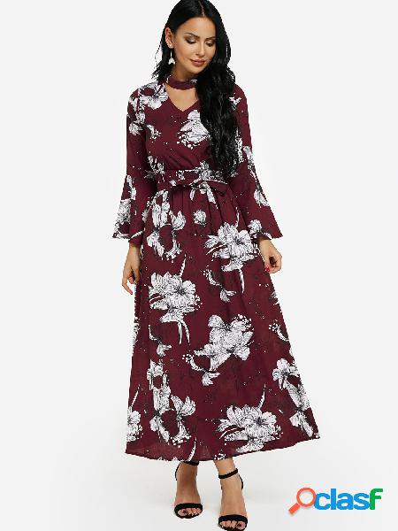 Burgundy Choker Neck Bell Sleeves Self Tie Waist Floral Maxi