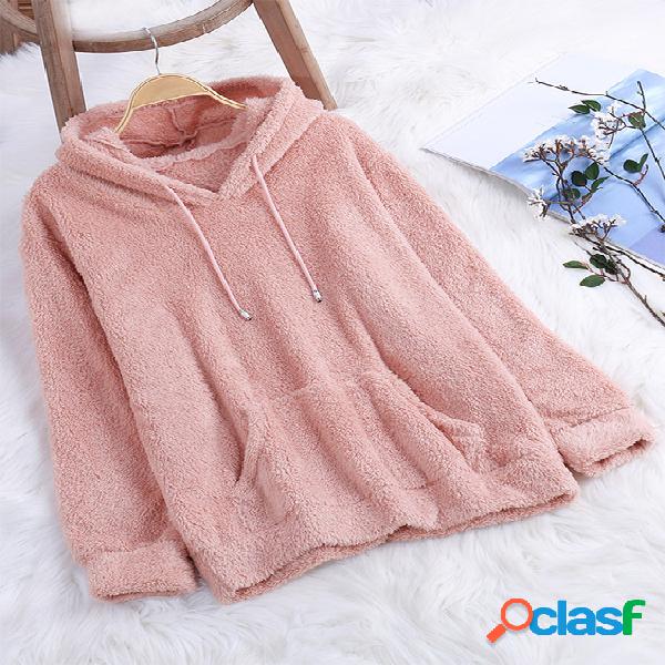 Cameo V-neck Long Sleeves Double-faced Plush Hoodie