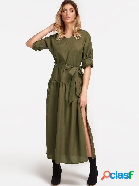 Green V-neck Slit Hem Maxi Party Dresses with Belt