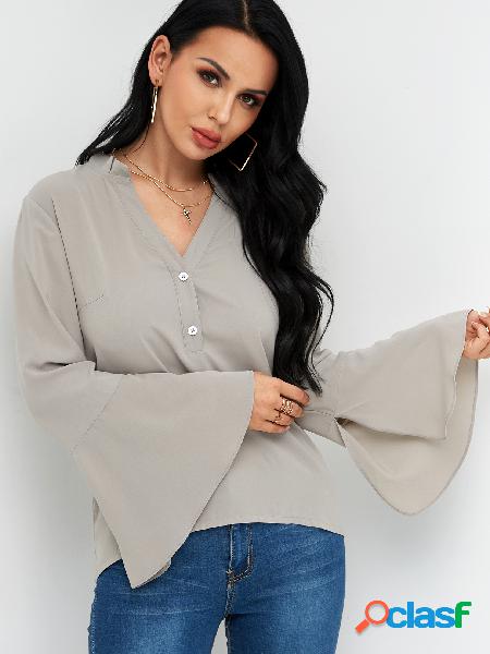 Grey Button Design Stand Collar Bell Sleeves Shirt